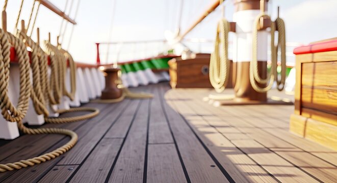 Ship deck with ropes and wooden planks under sunlight  