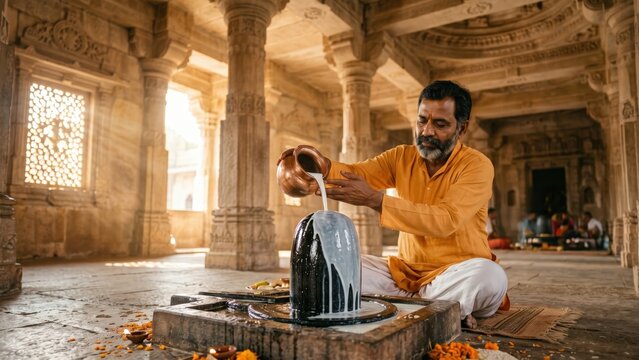 Granite Shivling Milk Abhishek &ndash; Indian Devotee Temple Ritual