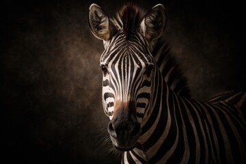 Fototapeta premium Zebras head on a dark textured backdrop with soft lighting