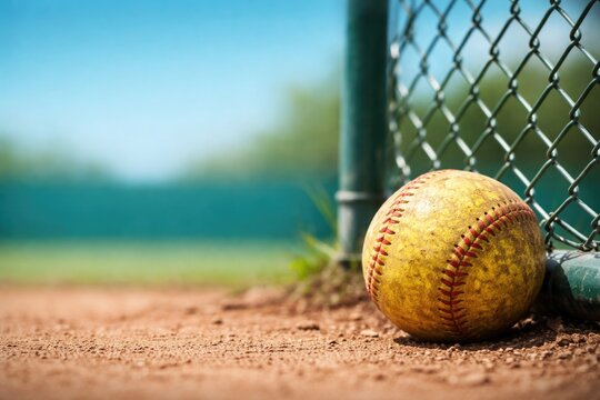 Weathered yellow softball positioned near green wire fence with lively turquoise background featuring copy space