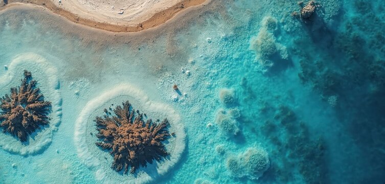 Aerial view of abstract crystalline salt formations in vibrant turquoise water near desert shore. Textured mineral patterns emerge from the clear sea creating unique natural shapes.