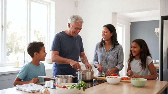 Multi generational family cooking together in bright modern kitchen at home