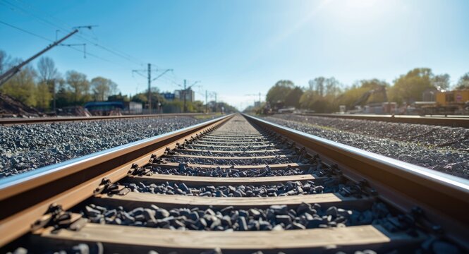 Steel rails and crushed stone ballast at railway junction site