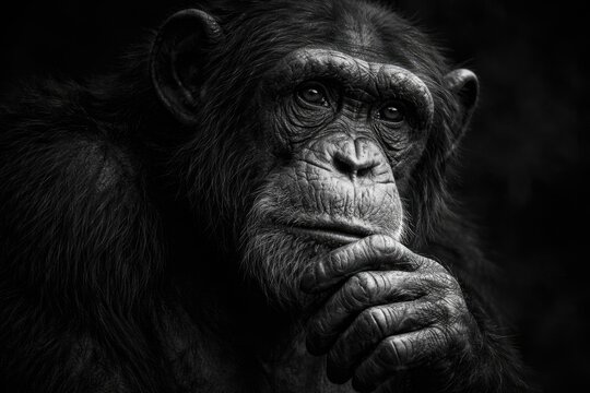 Monochrome image of a pensive chimpanzee reflecting silently