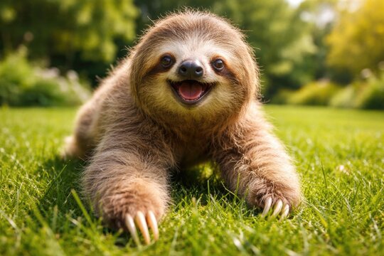 Happy pet two toed sloth climbing on lush green grass lawn in full length summer day portrait