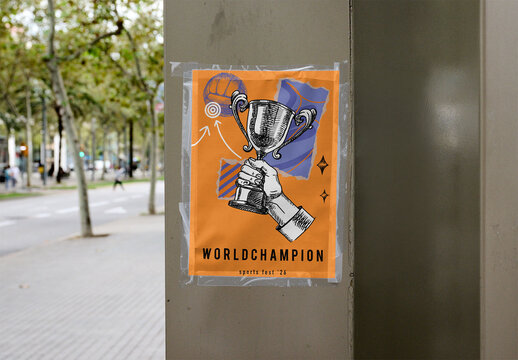 Purple Poster on City Corner. PSD Mockup