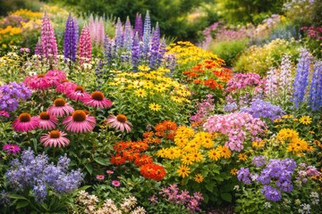 Fototapeta premium A colorful cluster of blooming perennial flowers featuring multiple shades