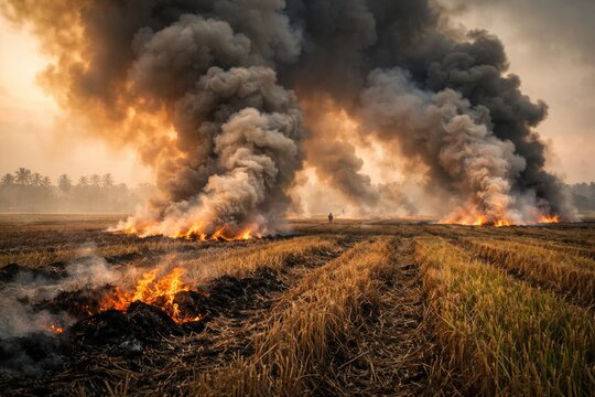 Hazardous emissions from rice stubble burning in farm fields affecting global warming