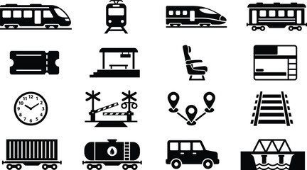 Railway transport icon set featuring train station ticket seat track cargo wagon map outline vector collection for public transit travel infrastructure design © Creative Vector