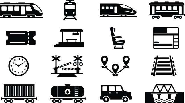Railway transport icon set featuring train station ticket seat track cargo wagon map outline vector collection for public transit travel infrastructure design
