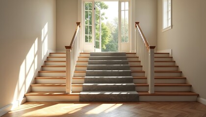 Fototapeta premium Grand staircase with wooden stpic and grey carpet leads to open double doors. Natural light streams in, illuminating the elegant interior hallway and banisters. Peaceful home entrance.