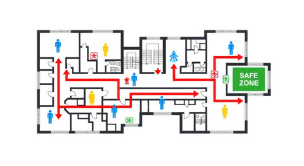 Fototapeta premium Emergency evacuation plan, safety route map, building layout, floor plan design
