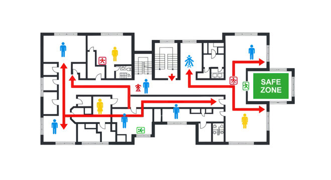 Emergency evacuation plan, safety route map, building layout, floor plan design