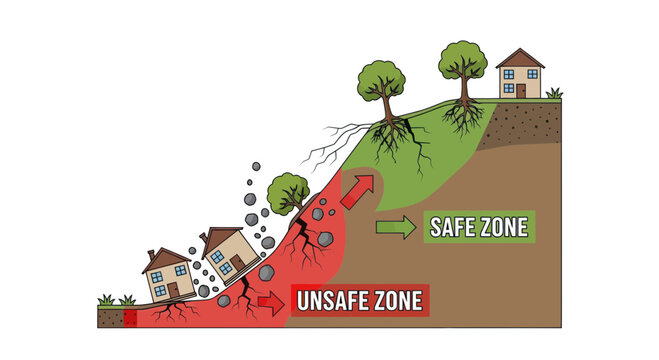Landslide, soil erosion, slope failure, natural disaster, safety zone, vector illustration