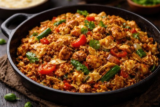 Delicious Chicken Kothu Parotta with Egg and Vegetables in Selective Focus