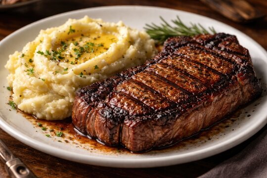Savory ribeye steak grilled to perfection alongside smooth mashed potatoes on a dinner plate