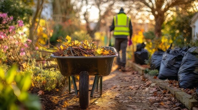 Wheelbarrow and bags are filled with fallen leaves. Leaf pile, pile of leaves. 
