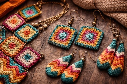 Crochet Jewelry Set with Vibrant Cotton Squares and Zigzag Patterns on Wooden Background