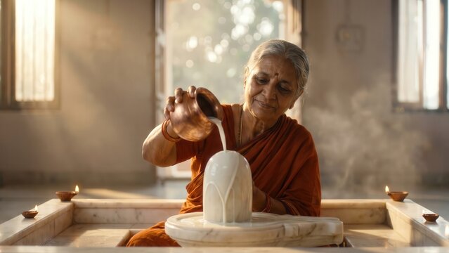 Indian Woman Performing Marble Shivling Abhishek Ritual