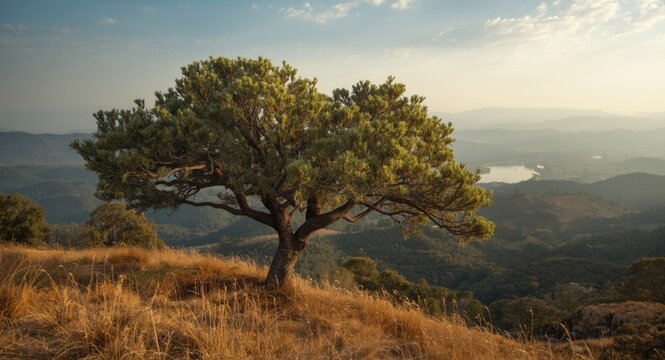 Sal tree foliage flourishing across varied hillside ground with a remarkable panoramic background and copy space