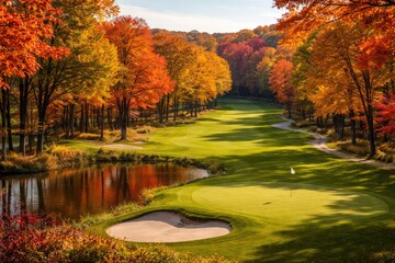 Obraz premium Scenic golf course with rich autumn tree canopy