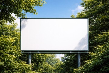Fototapeta premium Unoccupied promotional signboard surrounded by vibrant green foliage and clear blue sky