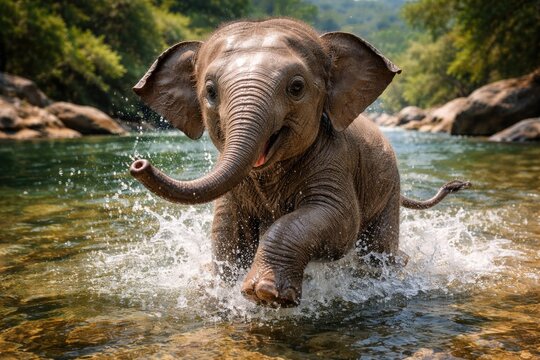 Delightful infant elephant frolicking energetically in clear water