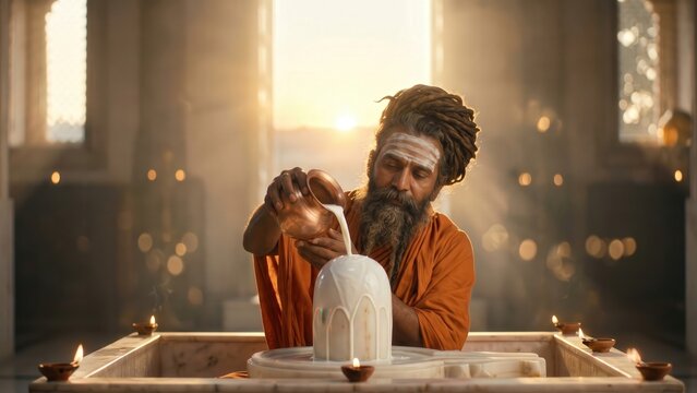 Hindu Sadhu Performing Marble Shivling Milk Abhishek