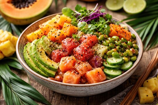 Tropical seafood and melon poke bowl with avocado and mixed vegetables