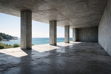 Fototapeta premium Spacious concrete interior with ocean vista, structural pillars, and uneven flooring