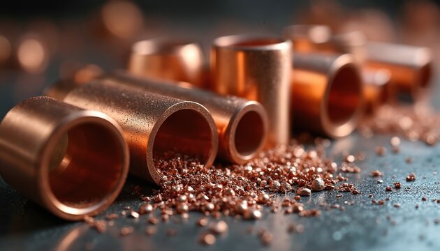 Shiny copper cylinders and metal shavings. Industrial manufacturing raw materials production. Metalwork fabrication process, heavy industry machinery parts.
