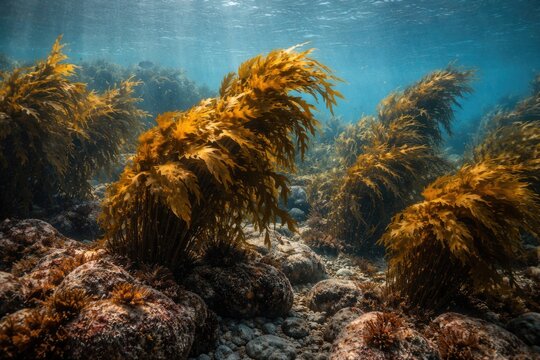 Marine habitat featuring brown kelp Ecklonia radiata on rocky seabed