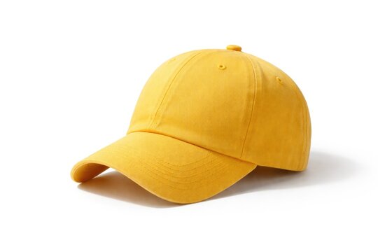 single yellow baseball cap displayed on white background copy space