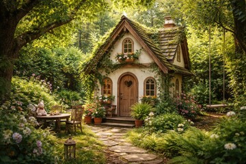Fototapeta premium Delightful playhouse cottage surrounded by lush shaded garden greenery