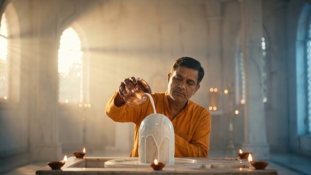 Marble Shivling Milk Abhishek &ndash; Indian Devotee Temple Ritual