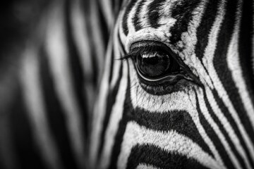 Obraz premium Shallow focus black and white image showing zebra eye in crisp detail