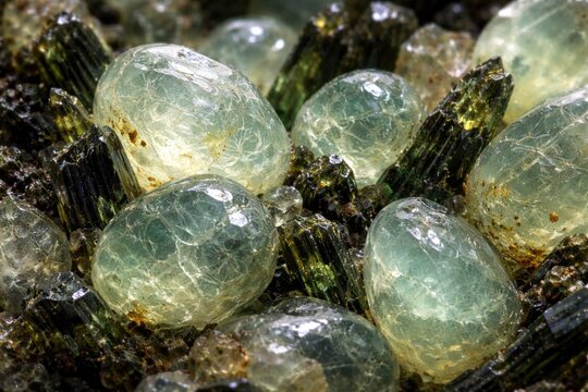 Detailed view of translucent prehnite and epidote stones showcasing mineral textures