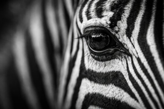Shallow focus black and white image showing zebra eye in crisp detail