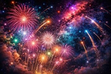Fototapeta premium Vibrant fireworks display with colorful comets and nebula lights on a dark night sky for celebration backgrounds