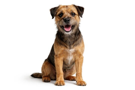 Happy border terrier sitting against a pure white studio wall