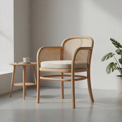 Obraz premium Elegant rattan chair in minimalist interior with natural light and subtle green accents