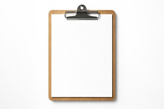 Top view of a blank white A4 paper flipped on a wooden clipboard with a clean white background for mockup