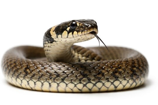 Macro shot of a harmless grass snake isolated on white background