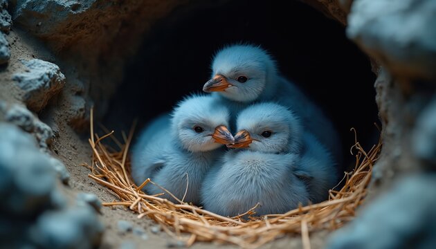 Three fluffy baby penguins huddle together in cozy straw nest. Small chicks rest in dark burrow, light blue down feathers contrasting with earthy tones of home. Nature tiny treasures seek warmth,