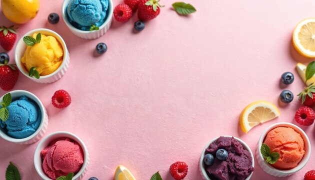 Assortment of fruit sorbets in small bowls. Different flavors include blue, yellow, pink, orange, and purple. Fresh berries and citrus slices surround frozen dessert. Sweet treat.