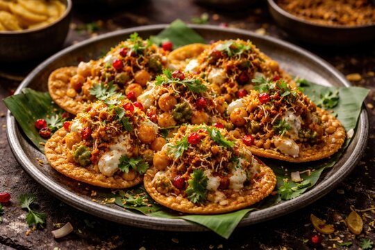 Flavorful Indian street food plate showcasing crispy chaat papri