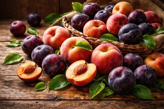An abundant collection of fresh peaches and plums on a textured rustic wood background