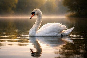 Fototapeta premium Elegant swan floating serenely on reflective water