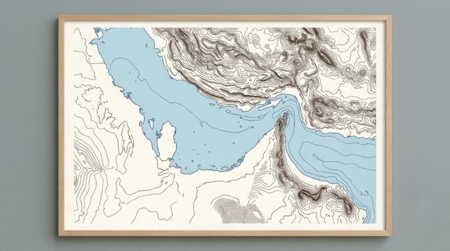Framed topographic nautical map featuring detailed bathymetric contour lines of the persian gulf region displayed on a minimalist neutral gray wall background