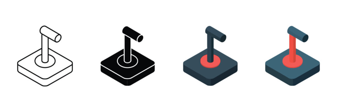 Isometric joystick control lever icons in flat and outline styles